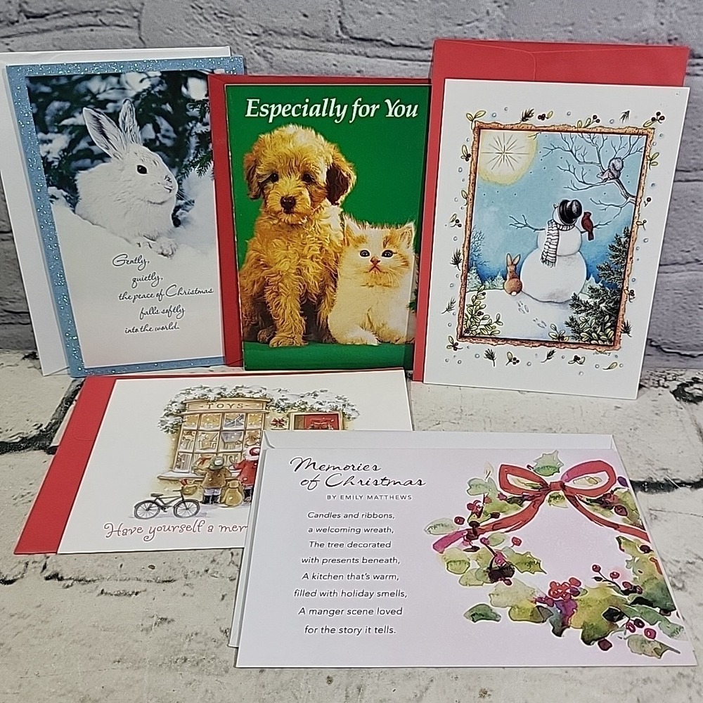 Christmas Cards Assorted Lot Of 5 Bunny Pets Snowman Holiday Wreath